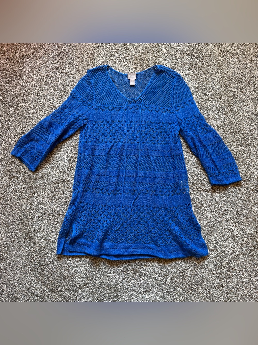 Chico's Royal Blue Open-Knit V-Neck Swim Coverup Tunic Size 1 (Medium) Crochet